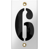 Emaille industrieel wit huisnummerbord '6' met zwarte cijfers, 100x40 mm