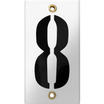 Emaille industrieel wit huisnummerbord '8' met zwarte cijfers, 100x40 mm