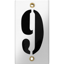 Emaille industrieel wit huisnummerbord '9' met zwarte cijfers, 100x40 mm