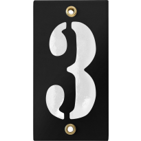 Emaille industrieel zwart huisnummerbord '3' met witte cijfers, 100x40 mm