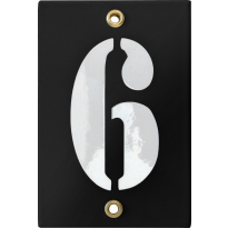 Emaille industrieel zwart huisnummerbord '6' met witte cijfers, 120x80 mm