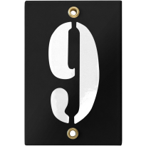 Emaille industrieel zwart huisnummerbord '9' met witte cijfers, 120x80 mm