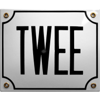 Emaille wit huisnummerbord 'TWEE' met zwarte letters, 150x180 mm