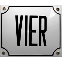 Emaille wit huisnummerbord 'VIER' met zwarte letters, 150x180 mm