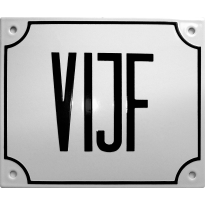 Emaille wit huisnummerbord 'VIJF' met zwarte letters, 150x180 mm