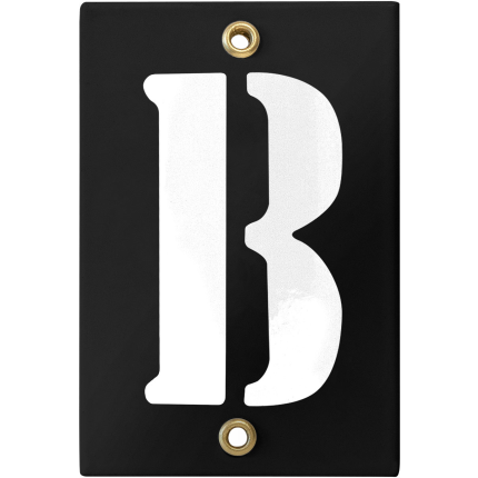 Emaille industrieel zwart huisnummerbord met witte letter 'B', 120x80 mm