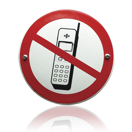 Emaille verbodsbord 'Verboden voor mobiele telefoons' rond